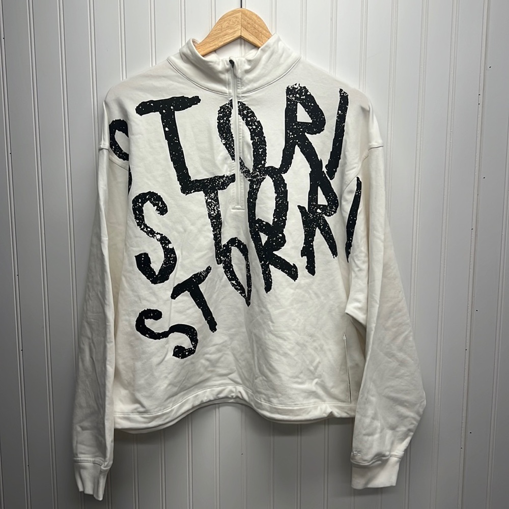 Stori Logo Print‎ 1/4 Zip Mock Neck Cropped Pullover Sweatshirt Sz 10/M